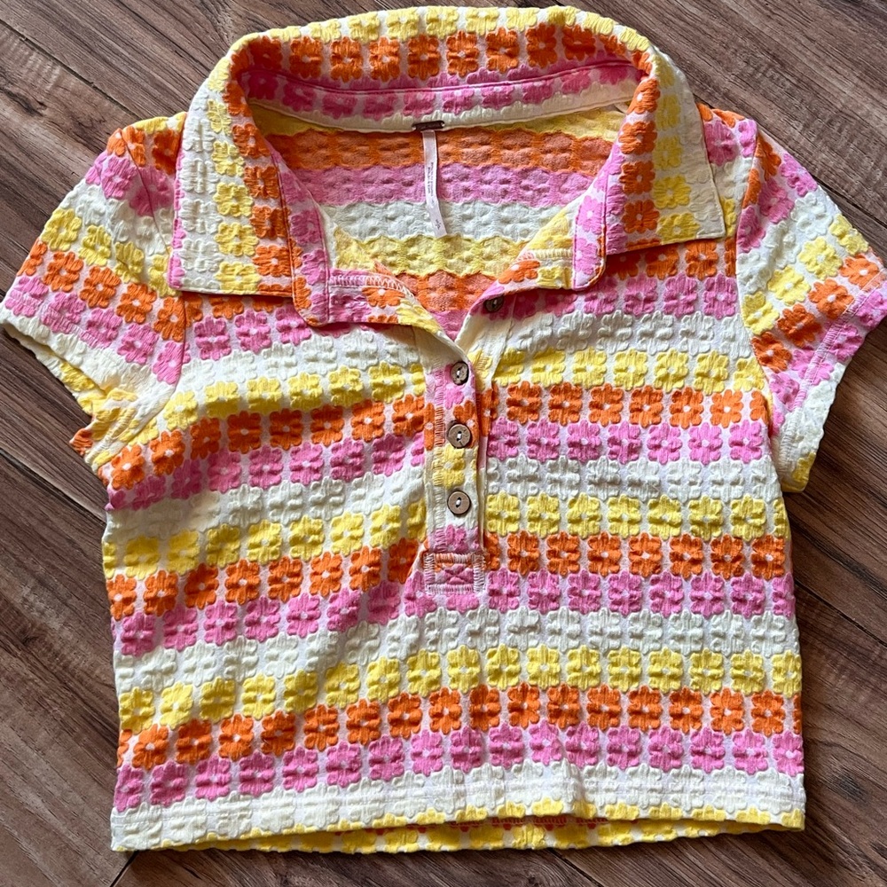 Free People Cropped Knit Polo in Pink, Yellow & Orange